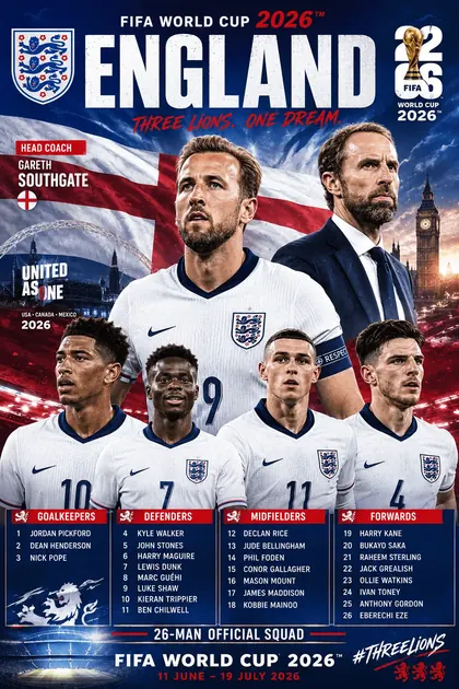 England FIFA World Cup 2026 team poster